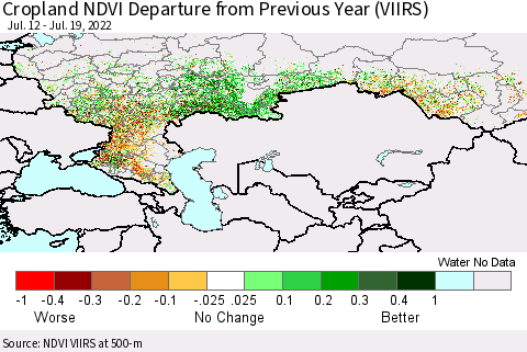 Russian Federation Cropland NDVI Departure from Previous Year (VIIRS) Thematic Map For 7/12/2022 - 7/19/2022