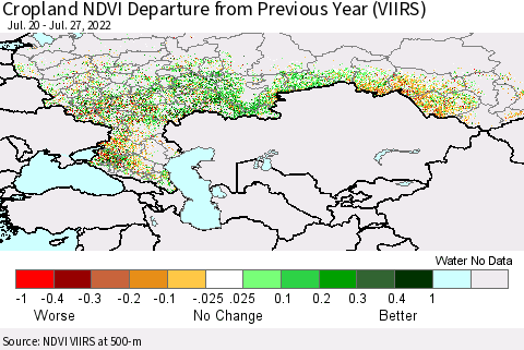 Russian Federation Cropland NDVI Departure from Previous Year (VIIRS) Thematic Map For 7/20/2022 - 7/27/2022