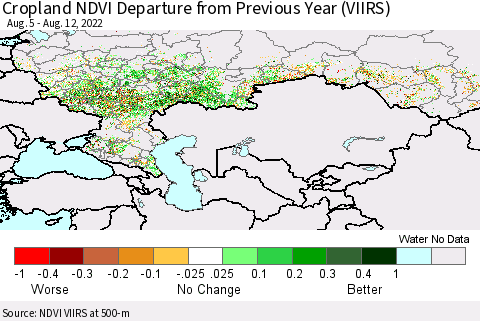 Russian Federation Cropland NDVI Departure from Previous Year (VIIRS) Thematic Map For 8/5/2022 - 8/12/2022
