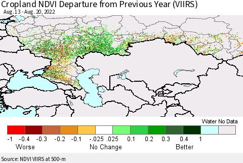 Russian Federation Cropland NDVI Departure from Previous Year (VIIRS) Thematic Map For 8/13/2022 - 8/20/2022