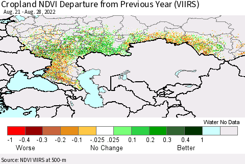 Russian Federation Cropland NDVI Departure from Previous Year (VIIRS) Thematic Map For 8/21/2022 - 8/28/2022
