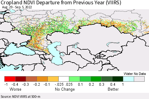 Russian Federation Cropland NDVI Departure from Previous Year (VIIRS) Thematic Map For 8/29/2022 - 9/5/2022