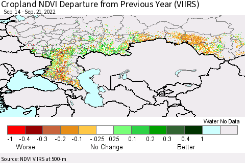 Russian Federation Cropland NDVI Departure from Previous Year (VIIRS) Thematic Map For 9/14/2022 - 9/21/2022