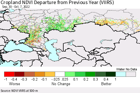 Russian Federation Cropland NDVI Departure from Previous Year (VIIRS) Thematic Map For 9/30/2022 - 10/7/2022