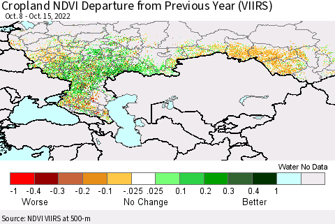 Russian Federation Cropland NDVI Departure from Previous Year (VIIRS) Thematic Map For 10/8/2022 - 10/15/2022