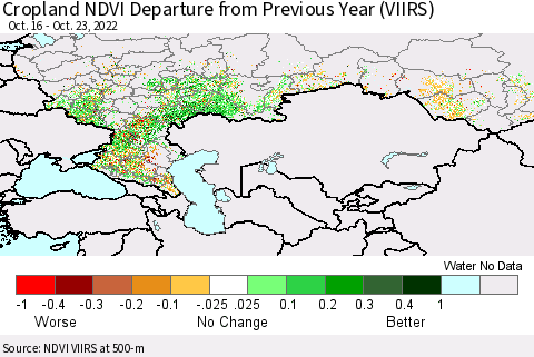 Russian Federation Cropland NDVI Departure from Previous Year (VIIRS) Thematic Map For 10/16/2022 - 10/23/2022
