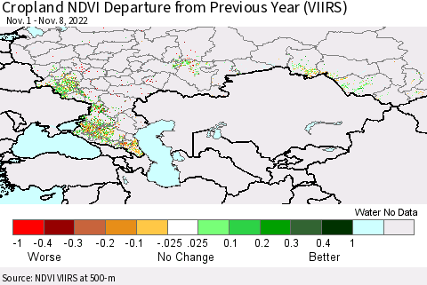 Russian Federation Cropland NDVI Departure from Previous Year (VIIRS) Thematic Map For 11/1/2022 - 11/8/2022