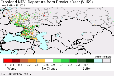Russian Federation Cropland NDVI Departure from Previous Year (VIIRS) Thematic Map For 11/9/2022 - 11/16/2022
