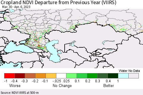 Russian Federation Cropland NDVI Departure from Previous Year (VIIRS) Thematic Map For 3/30/2023 - 4/6/2023