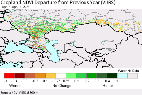 Russian Federation Cropland NDVI Departure from Previous Year (VIIRS) Thematic Map For 4/7/2023 - 4/14/2023