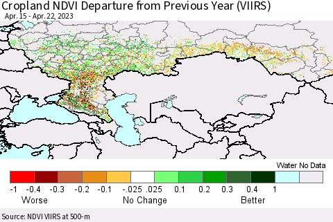 Russian Federation Cropland NDVI Departure from Previous Year (VIIRS) Thematic Map For 4/15/2023 - 4/22/2023