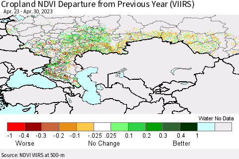 Russian Federation Cropland NDVI Departure from Previous Year (VIIRS) Thematic Map For 4/23/2023 - 4/30/2023