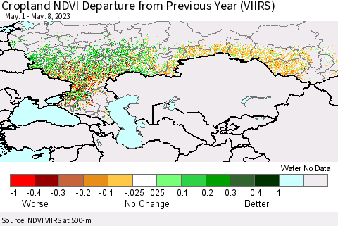 Russian Federation Cropland NDVI Departure from Previous Year (VIIRS) Thematic Map For 5/1/2023 - 5/8/2023