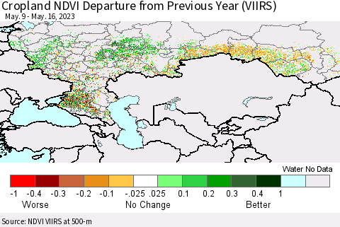 Russian Federation Cropland NDVI Departure from Previous Year (VIIRS) Thematic Map For 5/9/2023 - 5/16/2023