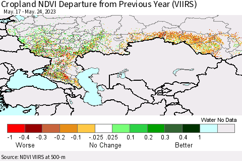 Russian Federation Cropland NDVI Departure from Previous Year (VIIRS) Thematic Map For 5/17/2023 - 5/24/2023