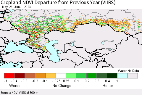 Russian Federation Cropland NDVI Departure from Previous Year (VIIRS) Thematic Map For 5/25/2023 - 6/1/2023