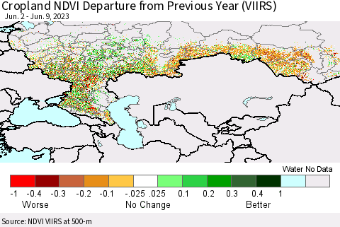 Russian Federation Cropland NDVI Departure from Previous Year (VIIRS) Thematic Map For 6/2/2023 - 6/9/2023