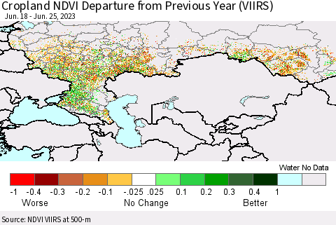 Russian Federation Cropland NDVI Departure from Previous Year (VIIRS) Thematic Map For 6/18/2023 - 6/25/2023