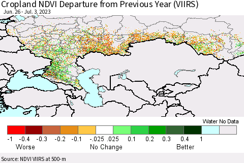 Russian Federation Cropland NDVI Departure from Previous Year (VIIRS) Thematic Map For 6/26/2023 - 7/3/2023