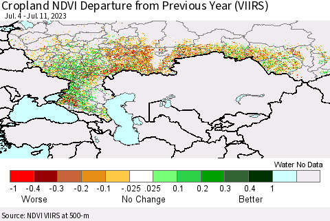 Russian Federation Cropland NDVI Departure from Previous Year (VIIRS) Thematic Map For 7/4/2023 - 7/11/2023