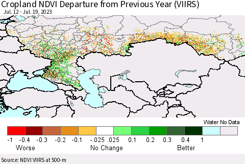 Russian Federation Cropland NDVI Departure from Previous Year (VIIRS) Thematic Map For 7/12/2023 - 7/19/2023