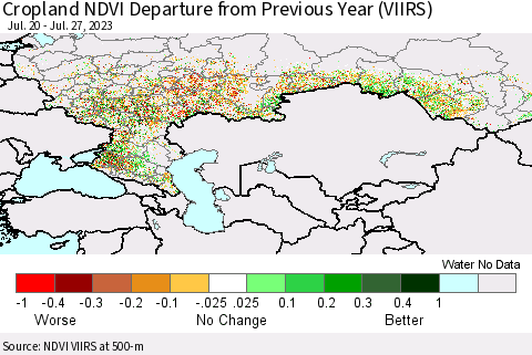 Russian Federation Cropland NDVI Departure from Previous Year (VIIRS) Thematic Map For 7/20/2023 - 7/27/2023