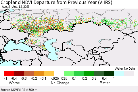 Russian Federation Cropland NDVI Departure from Previous Year (VIIRS) Thematic Map For 8/5/2023 - 8/12/2023