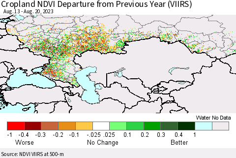 Russian Federation Cropland NDVI Departure from Previous Year (VIIRS) Thematic Map For 8/13/2023 - 8/20/2023