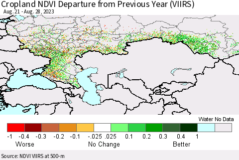 Russian Federation Cropland NDVI Departure from Previous Year (VIIRS) Thematic Map For 8/21/2023 - 8/28/2023