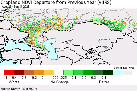 Russian Federation Cropland NDVI Departure from Previous Year (VIIRS) Thematic Map For 8/29/2023 - 9/5/2023
