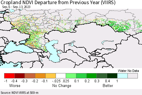 Russian Federation Cropland NDVI Departure from Previous Year (VIIRS) Thematic Map For 9/6/2023 - 9/13/2023