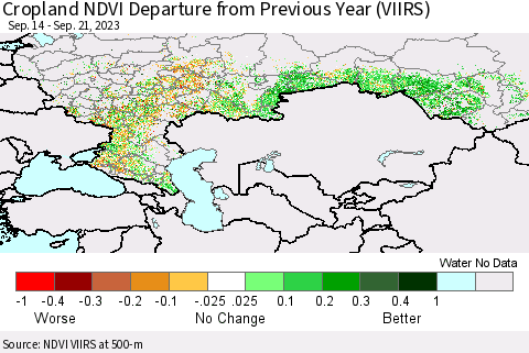 Russian Federation Cropland NDVI Departure from Previous Year (VIIRS) Thematic Map For 9/14/2023 - 9/21/2023