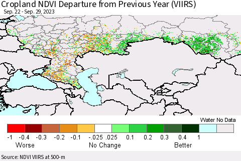 Russian Federation Cropland NDVI Departure from Previous Year (VIIRS) Thematic Map For 9/22/2023 - 9/29/2023