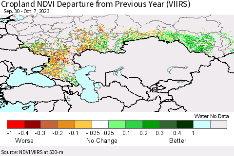Russian Federation Cropland NDVI Departure from Previous Year (VIIRS) Thematic Map For 9/30/2023 - 10/7/2023