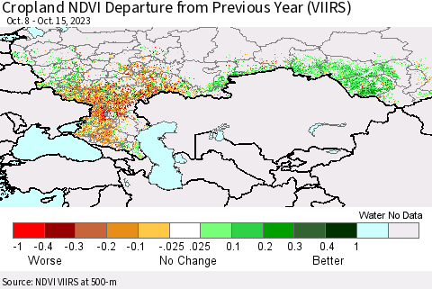 Russian Federation Cropland NDVI Departure from Previous Year (VIIRS) Thematic Map For 10/8/2023 - 10/15/2023