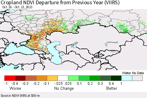 Russian Federation Cropland NDVI Departure from Previous Year (VIIRS) Thematic Map For 10/16/2023 - 10/23/2023