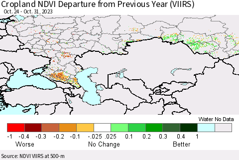 Russian Federation Cropland NDVI Departure from Previous Year (VIIRS) Thematic Map For 10/24/2023 - 10/31/2023