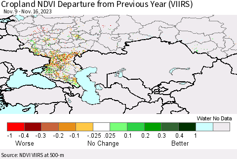 Russian Federation Cropland NDVI Departure from Previous Year (VIIRS) Thematic Map For 11/9/2023 - 11/16/2023