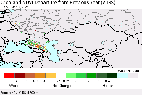 Russian Federation Cropland NDVI Departure from Previous Year (VIIRS) Thematic Map For 1/1/2024 - 1/8/2024