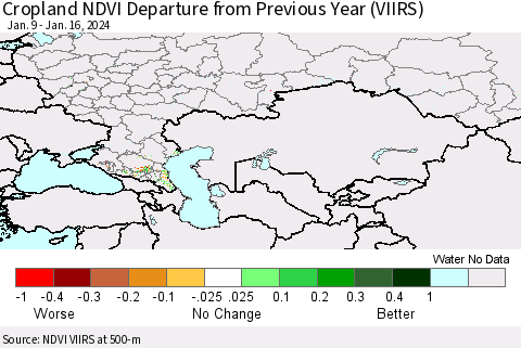 Russian Federation Cropland NDVI Departure from Previous Year (VIIRS) Thematic Map For 1/9/2024 - 1/16/2024