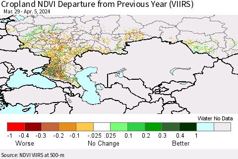 Russian Federation Cropland NDVI Departure from Previous Year (VIIRS) Thematic Map For 3/29/2024 - 4/5/2024