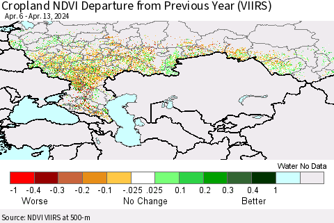Russian Federation Cropland NDVI Departure from Previous Year (VIIRS) Thematic Map For 4/6/2024 - 4/13/2024