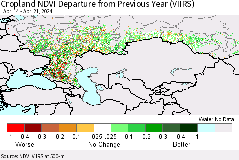 Russian Federation Cropland NDVI Departure from Previous Year (VIIRS) Thematic Map For 4/14/2024 - 4/21/2024