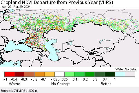 Russian Federation Cropland NDVI Departure from Previous Year (VIIRS) Thematic Map For 4/22/2024 - 4/29/2024