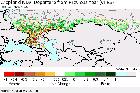 Russian Federation Cropland NDVI Departure from Previous Year (VIIRS) Thematic Map For 4/30/2024 - 5/7/2024