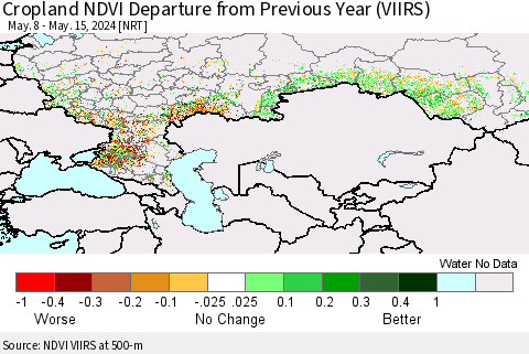 Russian Federation Cropland NDVI Departure from Previous Year (VIIRS) Thematic Map For 5/8/2024 - 5/15/2024
