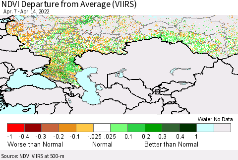 Russian Federation NDVI Departure from Average (VIIRS) Thematic Map For 4/7/2022 - 4/14/2022