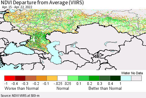 Russian Federation NDVI Departure from Average (VIIRS) Thematic Map For 4/15/2022 - 4/22/2022