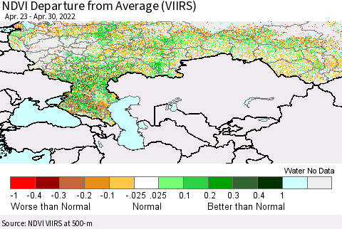 Russian Federation NDVI Departure from Average (VIIRS) Thematic Map For 4/23/2022 - 4/30/2022