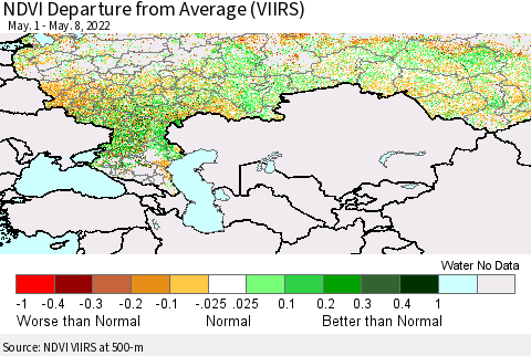 Russian Federation NDVI Departure from Average (VIIRS) Thematic Map For 5/1/2022 - 5/8/2022